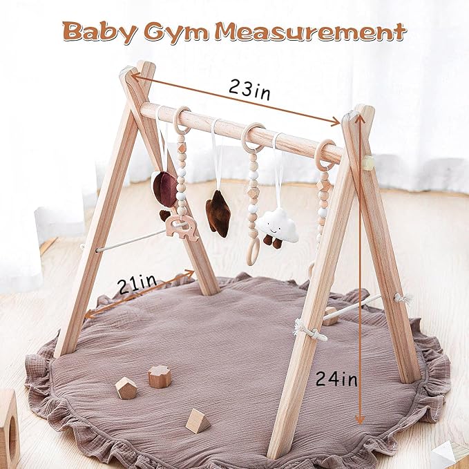 Razee Wooden Baby Play Gym Play Mat, Foldable Baby Gym with 6 Hanging Sensory Toys for Newborn Shower Gift