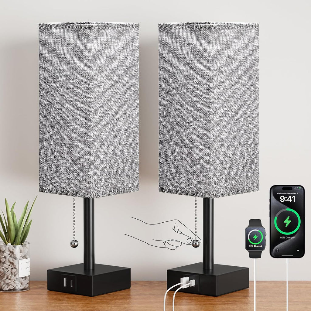 Bedside Table Lamps Set of 2 - Gray Bedroom Lamps with 3 Color Temperatures (3000K/5000K/4000K), Square Nightstand Light with USB C + A Charging Ports, Pull Chain Small Night Light