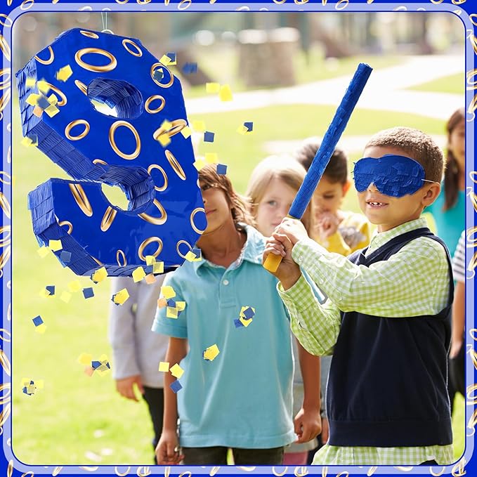 Number 9 Blue and Golden Rings Piñata for Kids Birthday Cartoon Theme Small Piñata with Blindfold Stick Confetti for Fiesta Cinco De Mayo Party Decor, 15.8 x 11 x 2.8 Inch