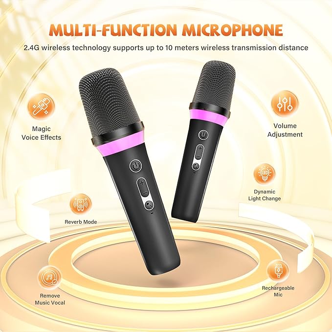 Mini Karaoke Machine for Kids Adults: Portable Bluetooth Speaker with 2 Wireless Microphones and Light - Singing Karaoke Gift for Girls Boys Ages 4-12+ Years Old Birthday Family Home Party