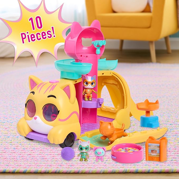 Disney Junior SuperKitties Purr ‘N’ Go Lights and Sounds Playset, 10 Pieces, Articulated Figures