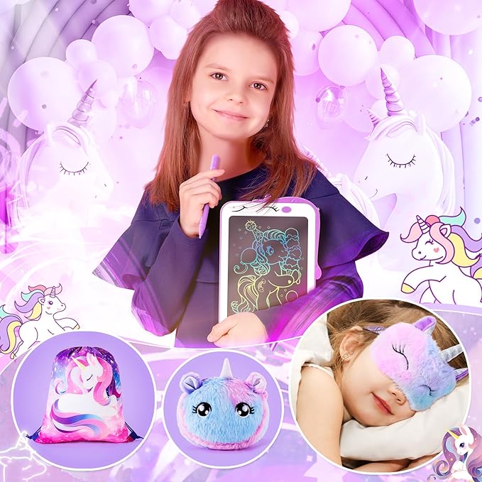 Unicorns Gifts for Girls Kids Toys 3 4 5 6 7 8 9 10 Years Old with LCD Writing Tablet/Glowing Blanket/Unicorn Bracelet/Eye Mask/Crossbody Bag/ 12PCS Purple Teen Girl Birthday Christmas Unicorn Toy