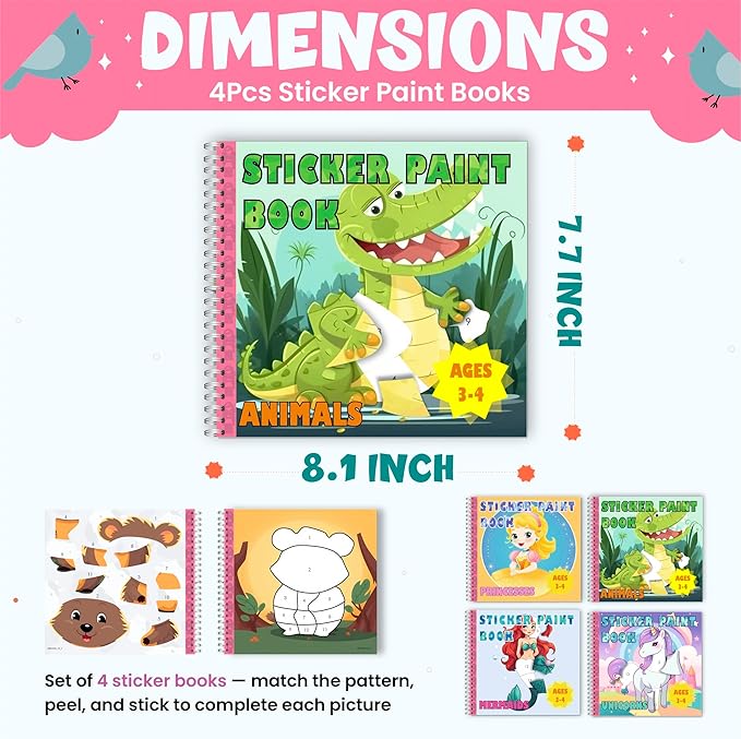 BulbaCraft 4Pcs Sticker Paint Books for Girls - Sticker Books by Number with Mermaids, Princesses, Animals and Unicorns - Coloring Activity for Kids