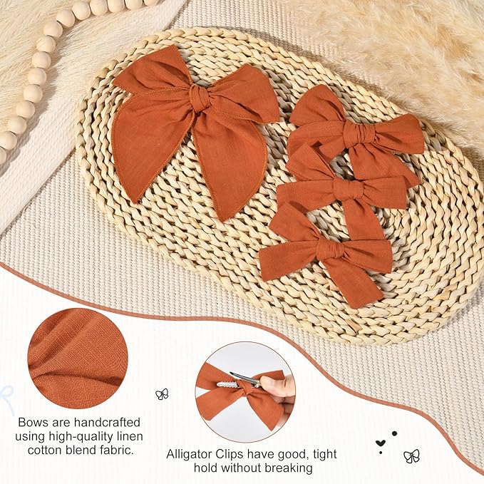 DEEKA 4 PCS Burnt Orange Cotton Linen Hair Bows 3 Styles 5" & 4" Handmade Hair Bow set for Toddler Girls Alligator Hair Clips Knot Bows Hair Accessories for Little School Girls (Burnt Orange)