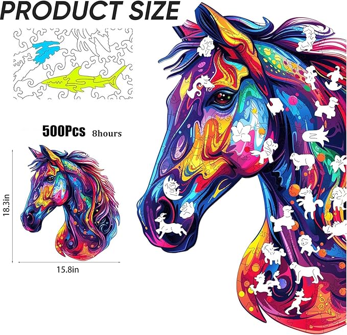 Puzzles for Adults 500 Pieces, Cool Horse Liberty Wooden Jigsaw Puzzles 15.8 * 18.3in, Unique Shape Animal Adult Gifts, Irregular Wood Puzzles Best Gift for Adults Family Game