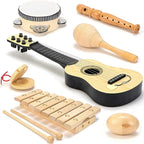 Natural Wood Musical Toys for Toddlers 1-3, Kids Musical Instruments set of 7 items Kids Guitar Egg shakers Flute Instruments Maracas Baby Xylophone Tambourine Castanets, Toddler learning Toys Experts