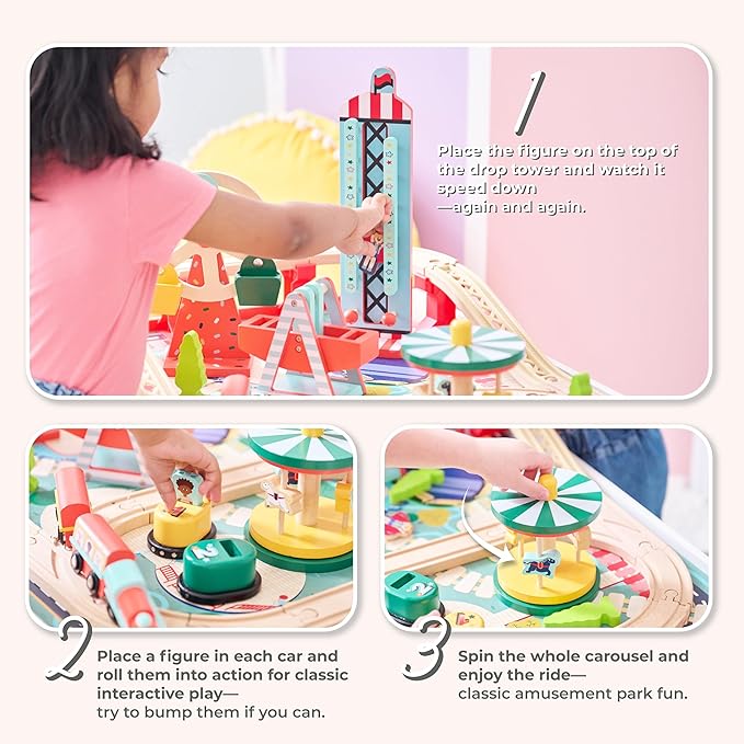 Teamson Kids Wooden Train Table – Carnival-Themed Amusement Park Playset with Ferris Wheel, Carousel & Train Track – Interactive Toy for Toddlers with Storage – Ages 3+