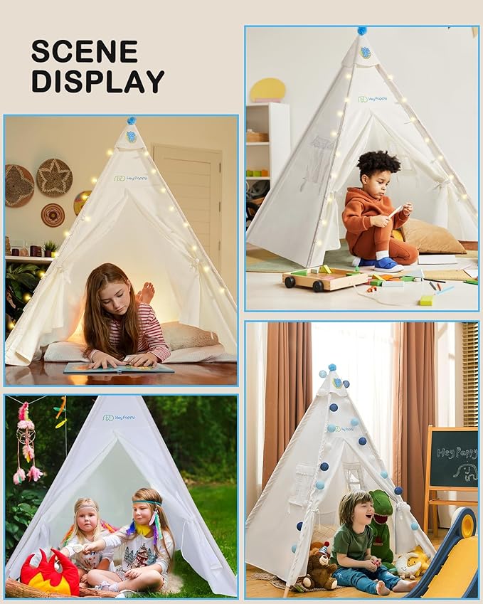Teepee Tent for Kids with Inflatable Airbed, String Lights, Balloons, Pump, Washable Slumber Party Tent Indoor Outdoor for Girls Boys, Children Tipi Playhouse for Playtime and Sleepover