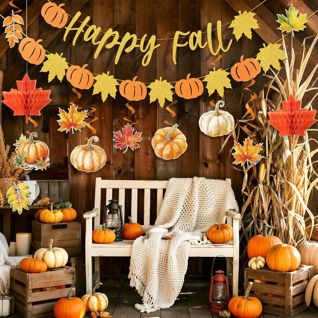 Happy Fall Party Decorations, with Pre-strung Pumpkin Banners and Hanging Swirls, Thanksgiving Hanging Decorations, Autumn Pumpkin Decorations for Home Indoor Fall Thanksgiving Party