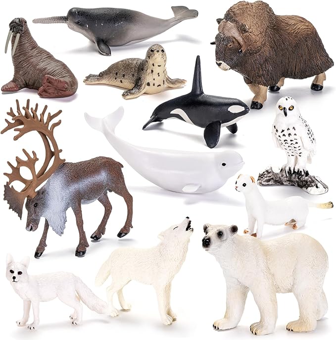 12PCS 4-7" Large Arctic Polar Animal Toys Figurines, Realistic Plastic Artic Animal Figures, Includes Polar Bear,Whales,Orca, Birthday Gift Party Favors Cake Toppers for Kids