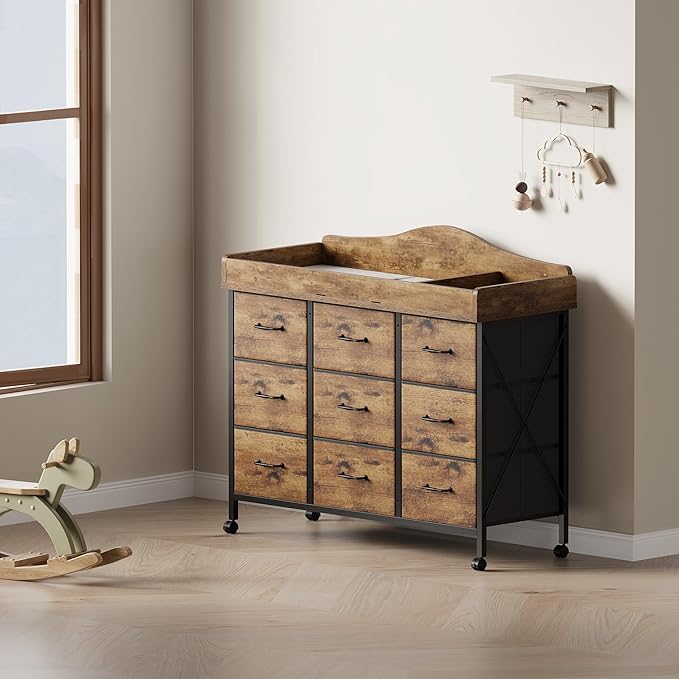 Baby Changing Table with 9 Fabric Drawers, Waterproof Diaper Changing Station & Pad, Mobile Nursery Diaper Changing Table, Baby Furniture, Bedroom, Rustic Brown