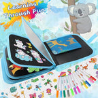 Erasable Doodle Set for Kids - Reusable Magic Drawing Book with 12 Watercolor Pens 14 Page Drawing, Road Trip Car Game Writing Painting Set for Boys and Girls (Zoo Blue)