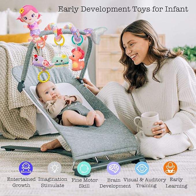 Baby Car Seat Toys, Car Seat Toy for Babies Infants 0-6 Months Activity Spiral Mermaid Hanging Stroller Toys Gift for Baby Girls 0 3 6 12 Months Newborns Sensory Toys with Rattles Squeaker Music- Pink