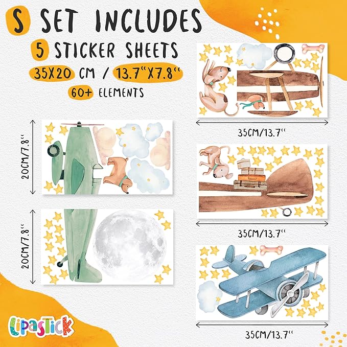 Airplane Wall Decals by Lipastick - Wall Stickers for Boys Room, Watercolor Vintage Plane Stickers for Kids, Baby Nursery, Toddler Bedroom Decor - Premium Vinyl Aircraft Art - S Size