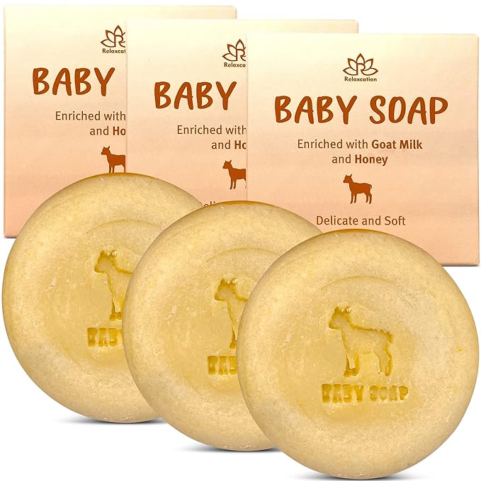 Relaxcation 3 Baby Soap Bars with Goat Milk and Honey - Naturally Cold Processed from Organic Ingredients - Handmade in USA - Ideal fro Newborns, babys, Kids and Adults (Pack of 3