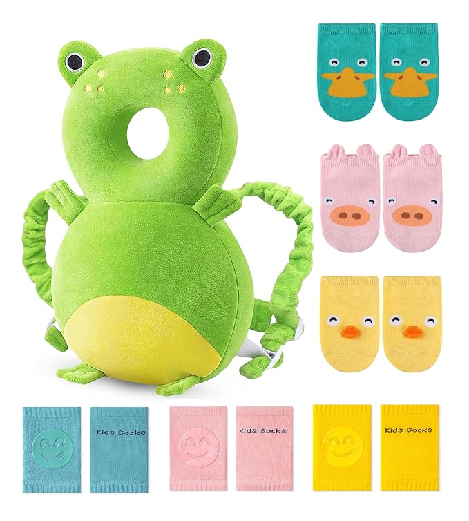 JunNeng Toddler Baby Head Protector Backpack for Toddler Walker with Knee Pads&Anti-Slip Socks, Frog
