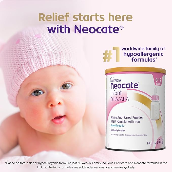 Nutricia Neocate Infant - Hypoallergenic, Amino Acid-Based Baby Formula - Well-Tolerated & Supports Normal Growth - Infant Formula with DHA, ARA & Iron - 14.1 oz can (Pack of 4)