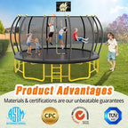 10FT 12FT 14FT 16FT Pumpkin Trampoline for Kids Adults, ASTM Approved Outdoor Recreational Trampoline with Basketball Hoop, Enclosure Net, Yellow