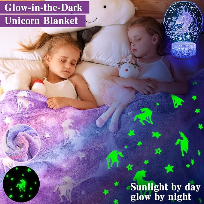 Unicorn Gifts for Girls Age 4 5 6 7 8 9 10, Kids Unicorn Toys with Mini Karaoke Machine/Glowing Blanket/Night Light/Headband/Bracelets, Birthday Graduation Gifts for Daughter Niece