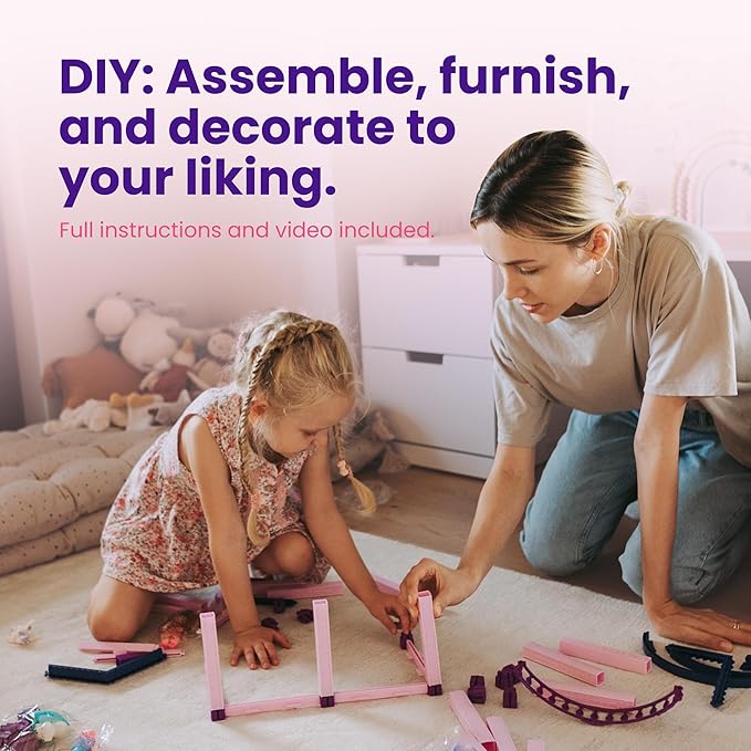 Dollhouse with 4 Princesses, 4 Unicorns, Dog, Furniture and Accessories - Pink and Purple Dream Doll House Toy for Little Girls - 5 Rooms w/Garden, Furniture and Accessories, Gift for Girls Ages 2-7