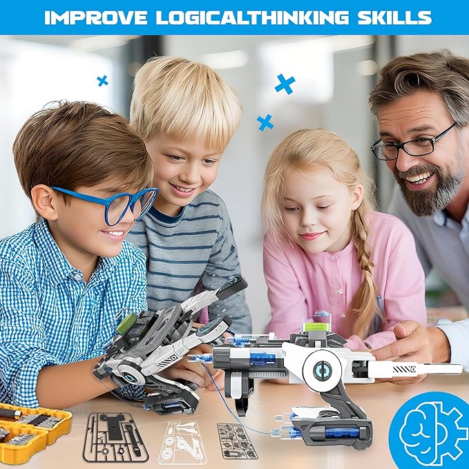 SMIESSKIDDO Hydraulic Robotic Arm - 106 Pcs Dual-Mode STEM Toy for Kids 8-12, Build & Launch Flying Disc | No Batteries, Safe Engineering Science Kit, Model Kits Gift for Boys & Girls 9 10 11