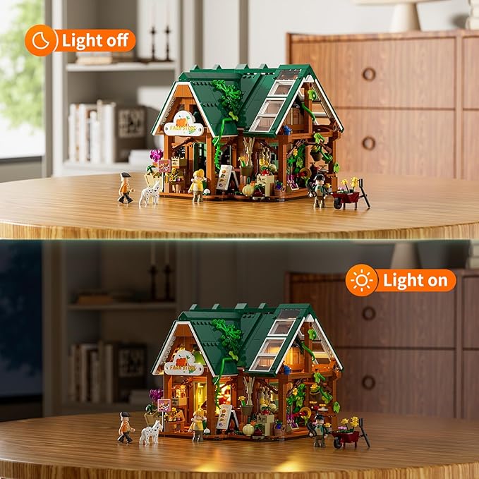Funwhole Farm-Store Lighting Building-Bricks Set - Farm Shop LED Light Construction Building Model Set 1523 Pcs for Adults and Teen