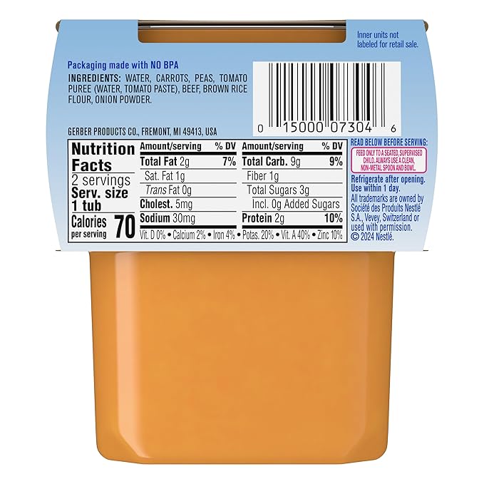 Gerber Stage 2 Baby Food, Beef Vegetable Puree Tub, Nourishing Blends, No Added Colors or Flavors, Baby Puree, 16-Pack