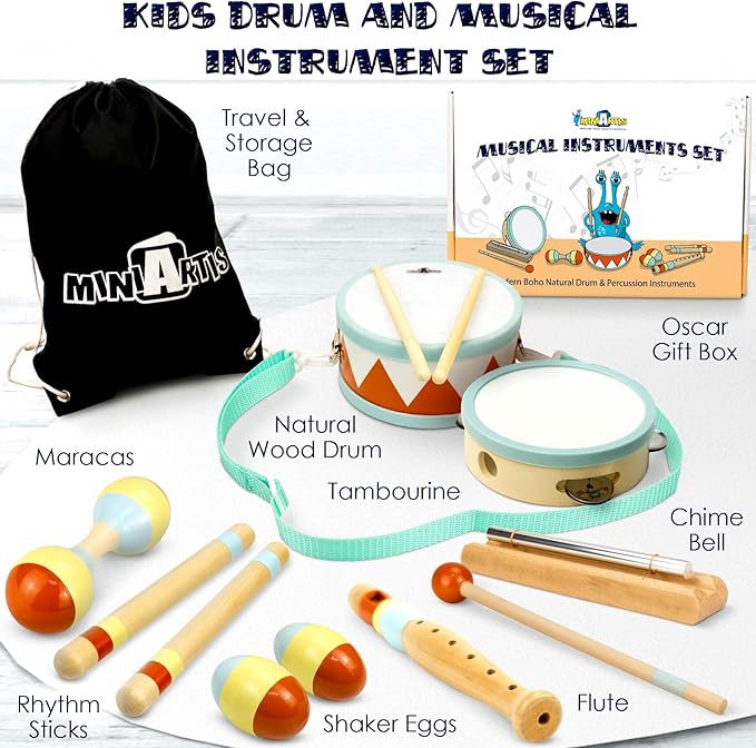 MINIARTIS Toddler Musical Instruments - Montessori Wooden Musical Toys for Toddlers 1-3 | Modern Boho Baby Drum Set with Neutral Colors Percussion Instruments | Kids Preschool Educational 3+