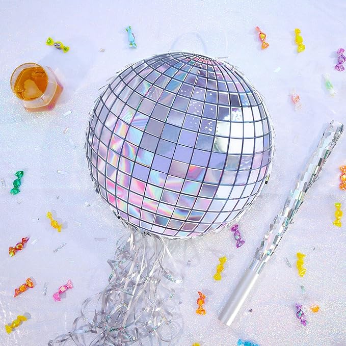 WERNNSAI Disco Ball Piñata - Disco Party Decoration for Adult Birthday Party Supplies Hanging Disco Piñata with Bat Blindfold Mirror Roller Skating Pull String, 12.2” x 12.2”