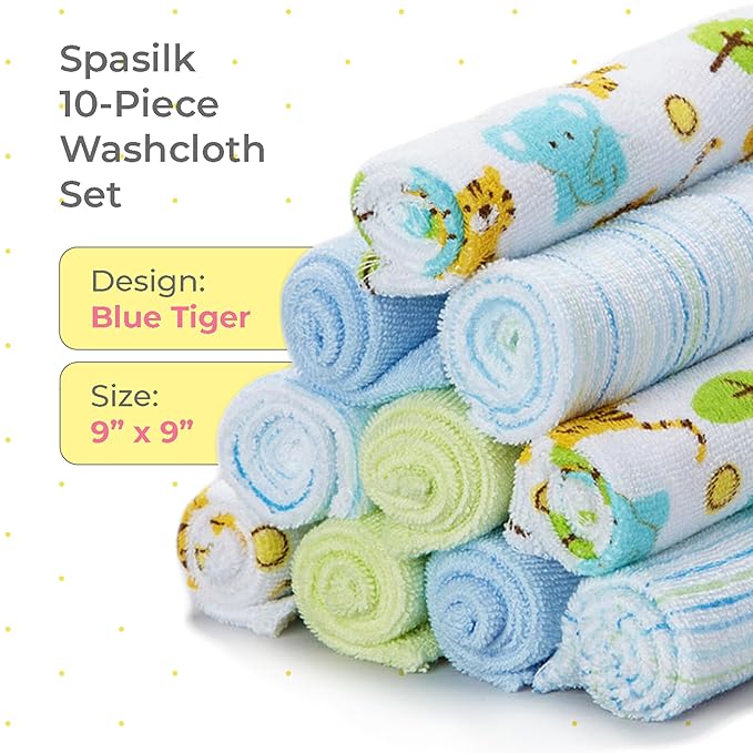 Spasilk 10 Pack Soft Terry Bath Washcloths – Newborn Boy or Girl, Blue Tiger