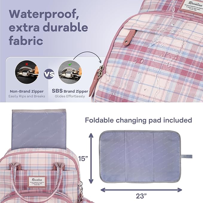 RUVALINO Diaper Bag Backpack, Multifunction Travel Pack Maternity Baby Changing Bags, Large Capacity, Waterproof, Pink Plaid