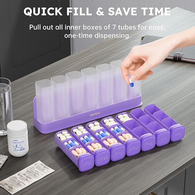 Weekly Pill Organizer 3X a Day, Detachable Pill Box 7 Day, Large 3 Times Daily Pill Case, Travel Pill Container Holder, Week Medication Dispenser Pillbox for Vitamin Supplement Medicine, Purple