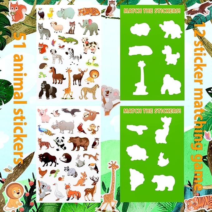 Jelly Sticker Book for Kids 2-4 Travel Essentials, Reusable Sticker Book + 8 Scenes + 2 Matching Games + 51 Large Animal Stickers for 1-3 Toddler Activities (Animals)