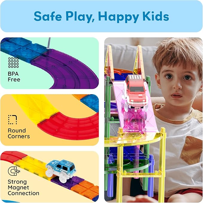 PicassoTiles 100pc Magnetic Tiles Race Track Building Set with LED Cars Adjustable Roads and Signs STEM Construction Toy Kit for Kids Educational Learning Toy for Boys and Girls Ages 3 and Up PTR100