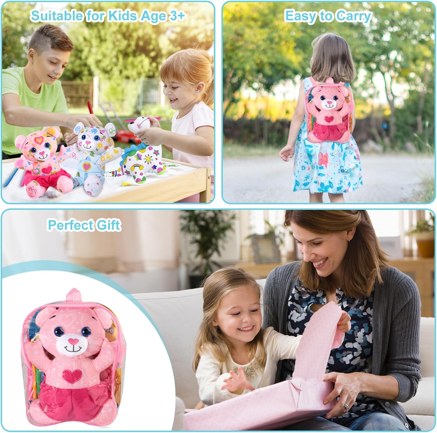 Coloring Plush Toy with 5 Washable Markers for Little Girls Doodle Dolls for Kids Ages 4-6 Birthday (Pink Bear)