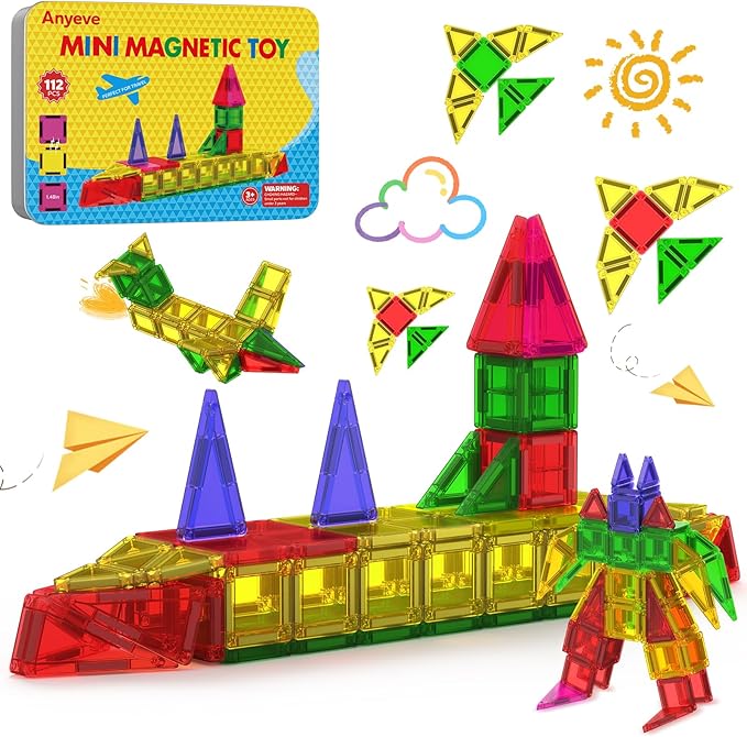 112PCS Mini Magnetic Tiles for Kids, Magnetic Tiles Travel Set with Iron Box, Portable Construction Toys STEM Educational Building Set for Kids Ages 4-8 Toddlers, Boys & Girls Birthday New Year Gift