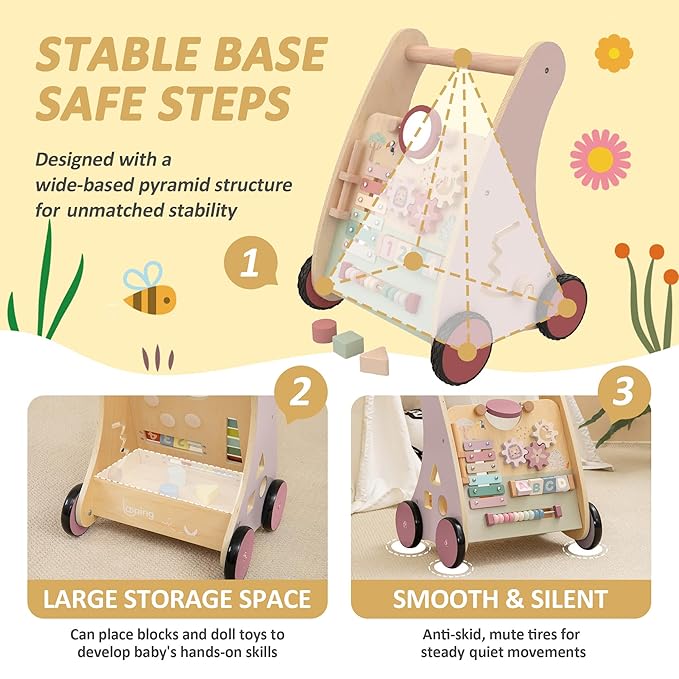 Pink Wooden Push Pull Sit to Stand Walker - Adjustable Learning Activity Center - Baby Learning to Walk - Educational Gift for Toddler Boy or Girl