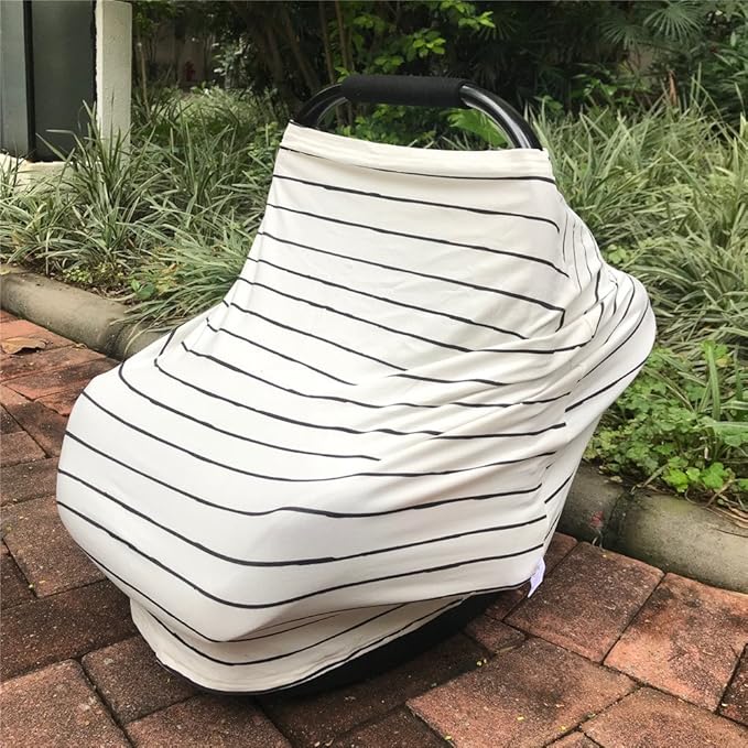 Car Seat Cover Baby – Multi-use Nursing Cover-Up for Breastfeeding, Carseat Canopy Cover, Stretchy Infant Stroller Covers for Boys and Girls (White with Black Stripes)