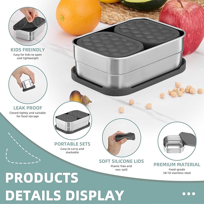 HaWare Stainless Steel Lunch Box for Kids, Leak Proof Food Storage Containers with Silicone Lids, Easy Open Bento Box for School and Daycare, Portable Metal Snack Box, Dishwasher Safe (8oz*2+25oz)