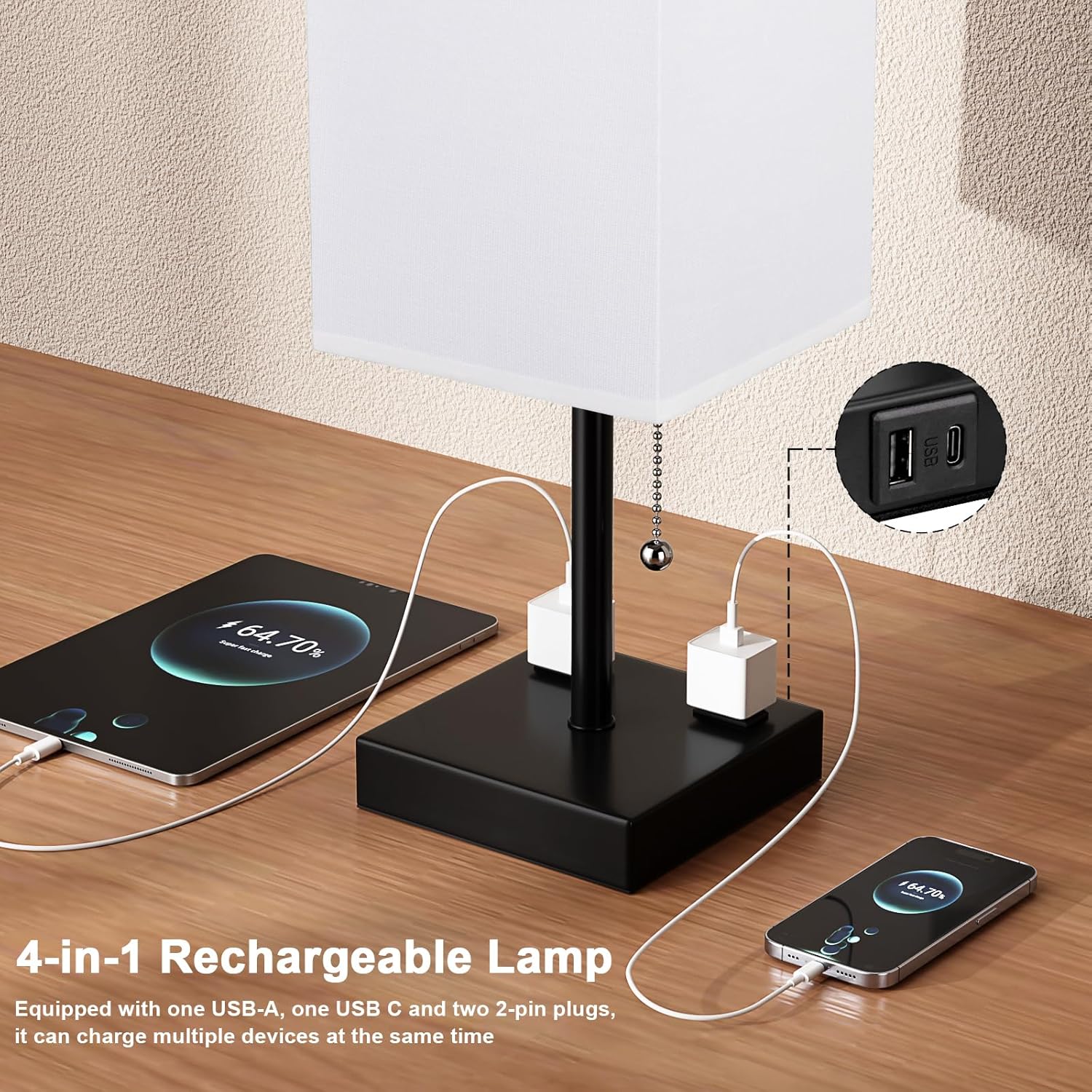 Plus Bedside Table Lamps Set of 2 - White Bedroom Lamps with 3 Colors, Square Nightstand Lamp with USB C + A Charging Ports and 2 AC Outlets, Pull Chain Night Light for End Table
