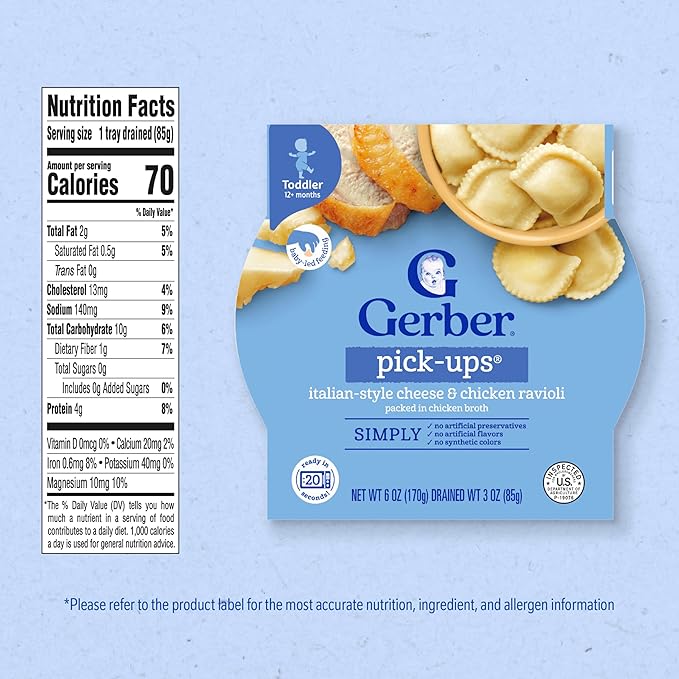 Gerber Toddler Food, Italian-Style Cheese & Chicken Ravioli Pick-Ups, 8PK