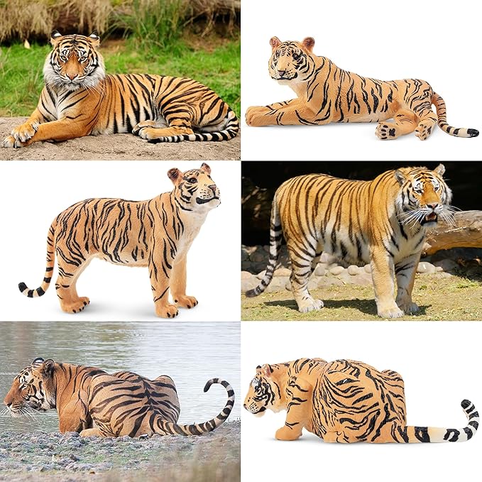 Toymany 6PCS Realistic Tigers Figurines with Tiger Cubs, 2-6" Jungle Animals Figures Family Set, Educational Toy Cake Toppers Christmas Birthday Gift for Kids Toddlers