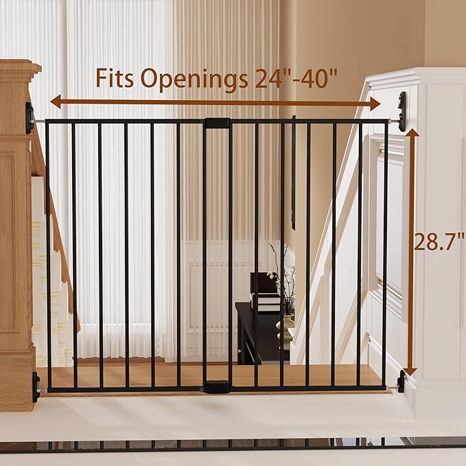 Adjustable Baby Safety Swing Gate, Hardware-Mounted Metal Gate for Stairs and Doorways, Secure Latch for Kids and Pets (Black, 24"-40.5" W x 28.75" H)
