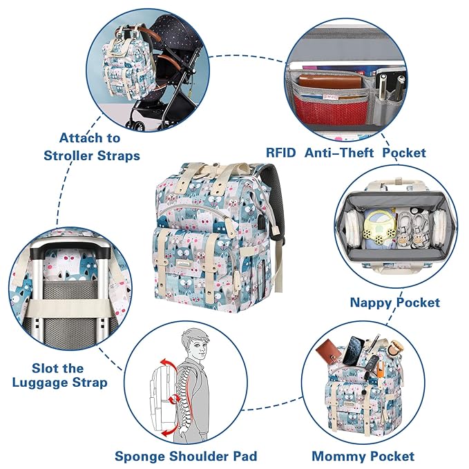 Jiefeike Diaper Bag Backpack,Baby Bags for Mom Dad Girls Boys,15.6inch Cat Dog Travel Baby Diaper Bags with Insulated Pockets,USB Charging Port,RFID Anti-Theft Water-Resistant Pocket