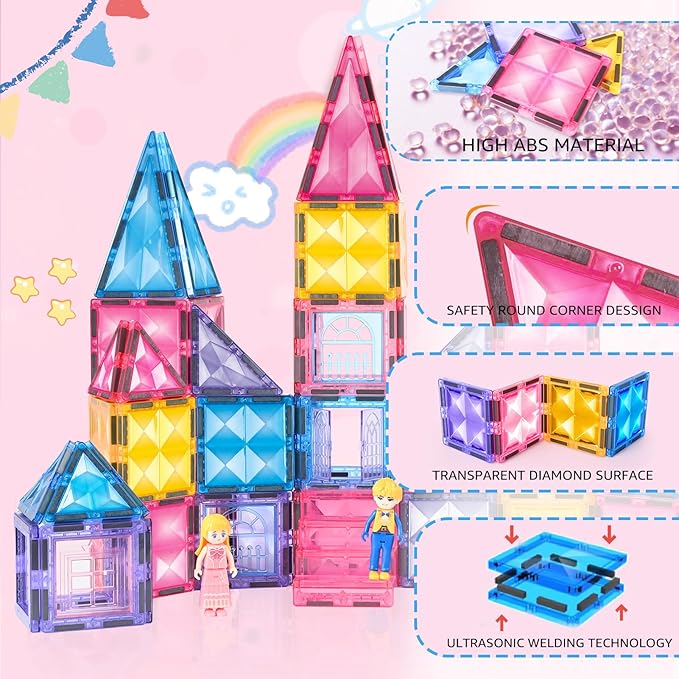 Pink Castle Magnetic Tiles for Kids Ages 3-8, 3D STEM Toys with Sparkling Building Blocks, Creative Educational Gift for Boys and Girls, Preschool Learning Toys for Birthday