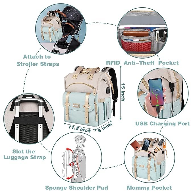 Jiefeike Girls Diaper Backpack,Travel Backpack Diaper Bag for Dad Mom Baby Boys,Insulated Pockets Portable Baby Nappy Bags with USB Charging Port,RFID Anti-Theft Water-Resistant Pocket Stroller Straps