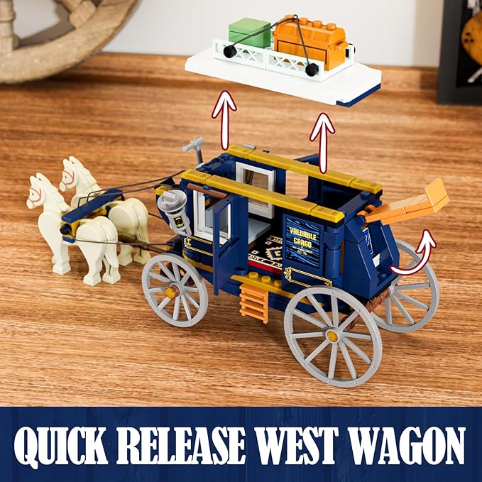 Western Treasure Stagecoach Lighting Building-Bricks Set - Old West Carriage and Horse 307 Pcs Collection Display Set for West Lovers
