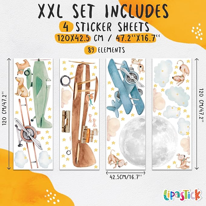 Airplane Wall Decals by Lipastick - 47-Piece Watercolor Vintage Plane Stickers for Kids, Boys Room, Baby Nursery, Toddler Bedroom Decor - Premium Vinyl Aircraft Art - XXL Size