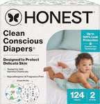 The Honest Company Clean Conscious Diapers for Delicate Skin | Up to 100% Leakproof | Hypoallergenic, Fragrance Free | Gender Neutral | Super Club Box, Size 2 (12-18 lbs), 124 Count (Prints May Vary)