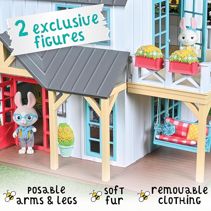 Sunny Days Entertainment Honey Bee Acres Buzzby Farmhouse – 49 Furniture Accessories with 2 Exclusive Figures | 15 Inch Dollhouse Playset | Pretend Play Toys for Kids